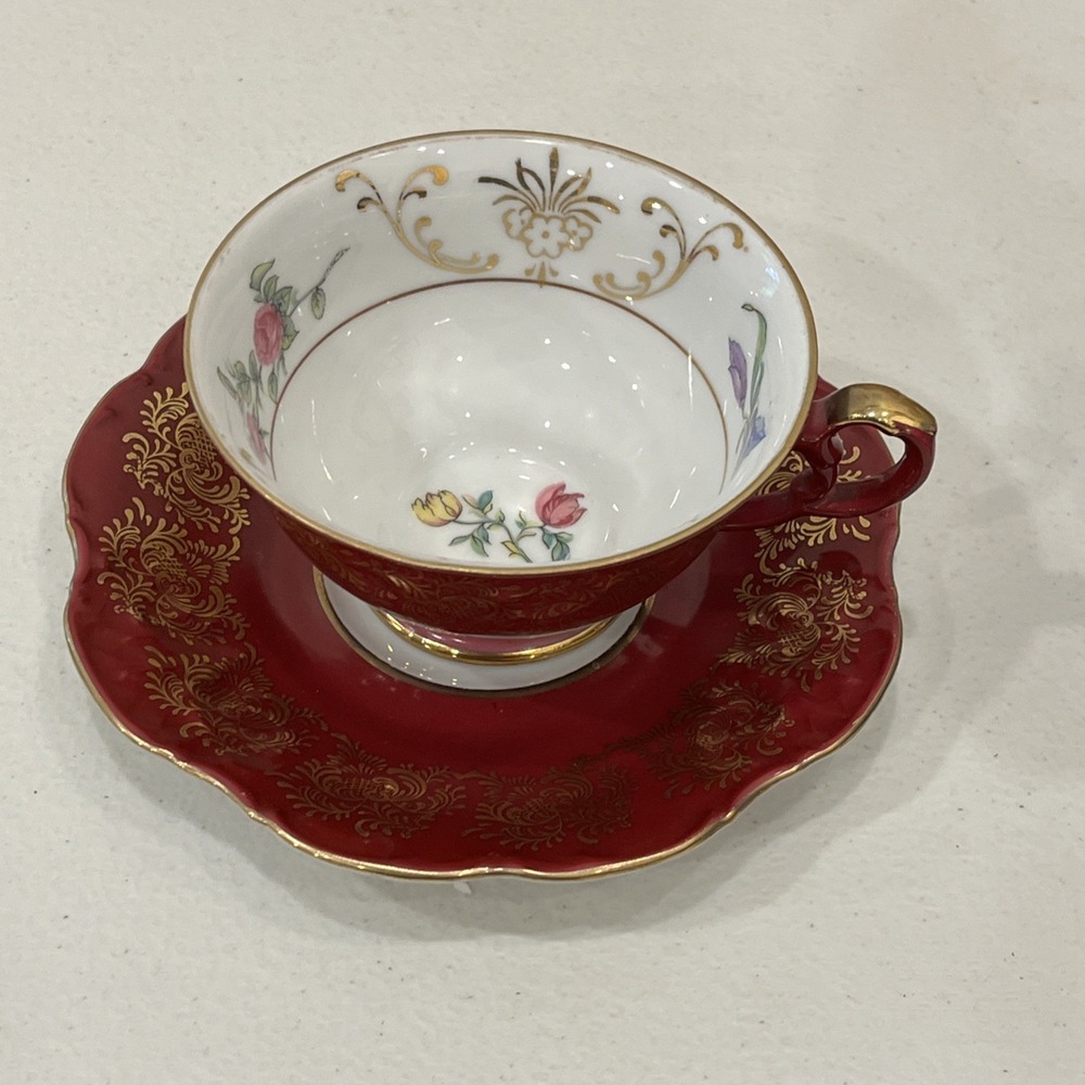 Vintage Royal Heidelberg Winterling Germany Burgundy Tea Cup Saucer, Rare HTF